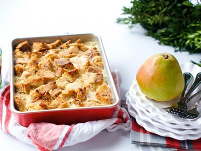 Pear Bread Pudding with Caramel Sauce