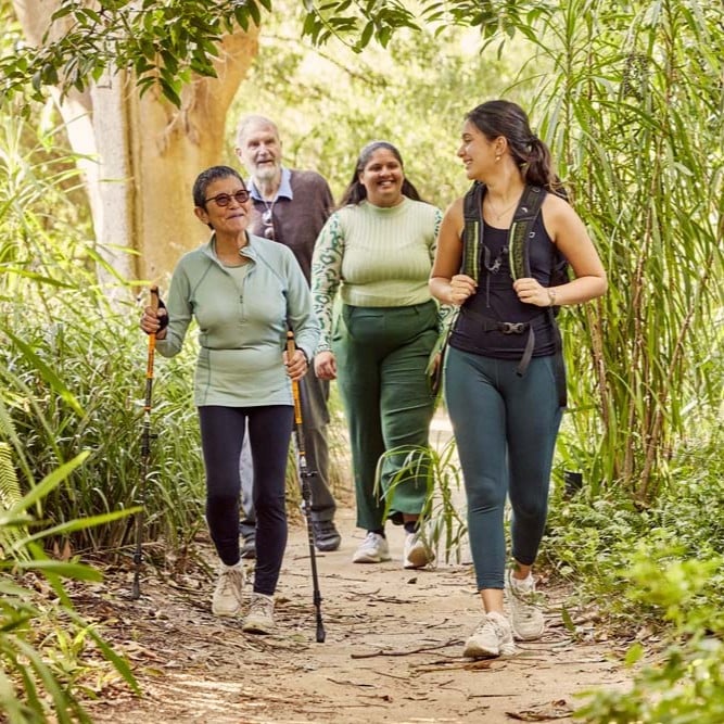 Group of people walking together on a bushland trail