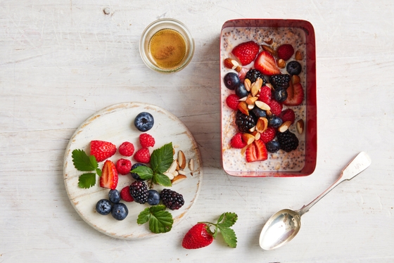 Overnight oats pictured with fresh berries 