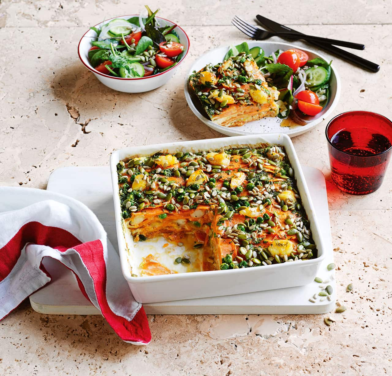 a square dish and bowl with Baked sweet potato and prawn frittata