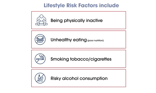 Lifestyle risk factors include being physically inactive, unhealthy eating, smoking, risky alcohol consumption