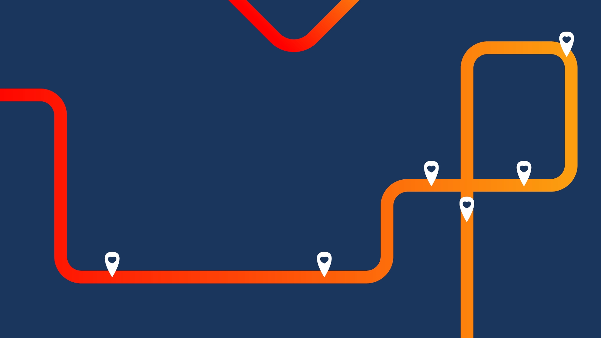 Red, orange lines indicating roadmap, with heart symbols throughout