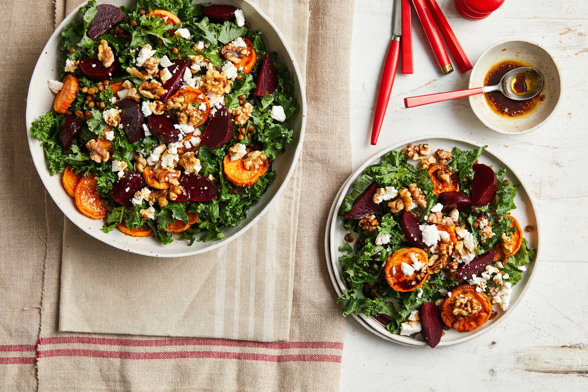A colorful salad with beets, carrots, and creamy goat cheese. A flavourful healthy and delicious option!