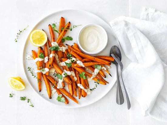 A plate of Roasted Carrot with Tahini Yoghurt Sauce