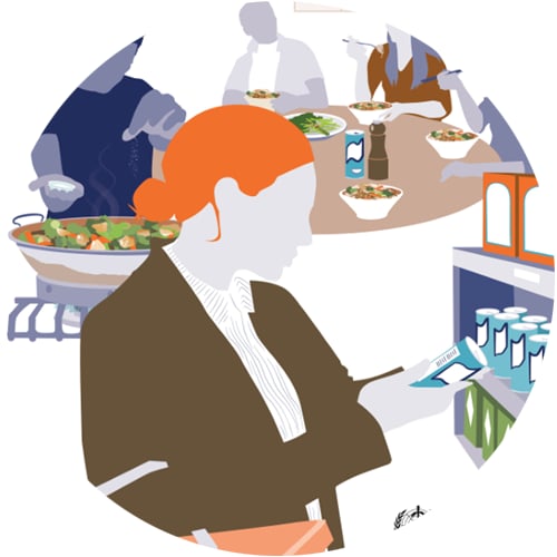 Illustration of a woman reading a label with food preparation and dining in the background.