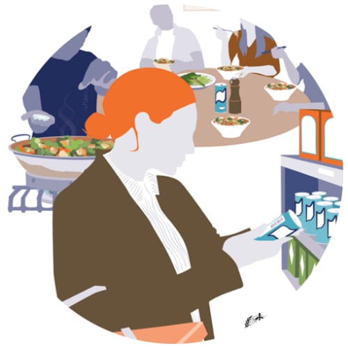 Illustration of a woman reading a label with food preparation and dining in the background.