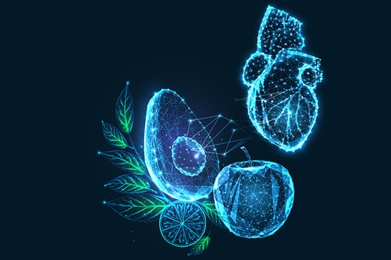 Banner from our webinar Heart-healthy eating simplified, which includes a holographic heart sitting next a holographic avocado and apple
