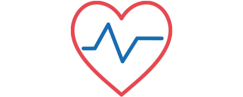 Icon outline of a red heart with blue beating line across it