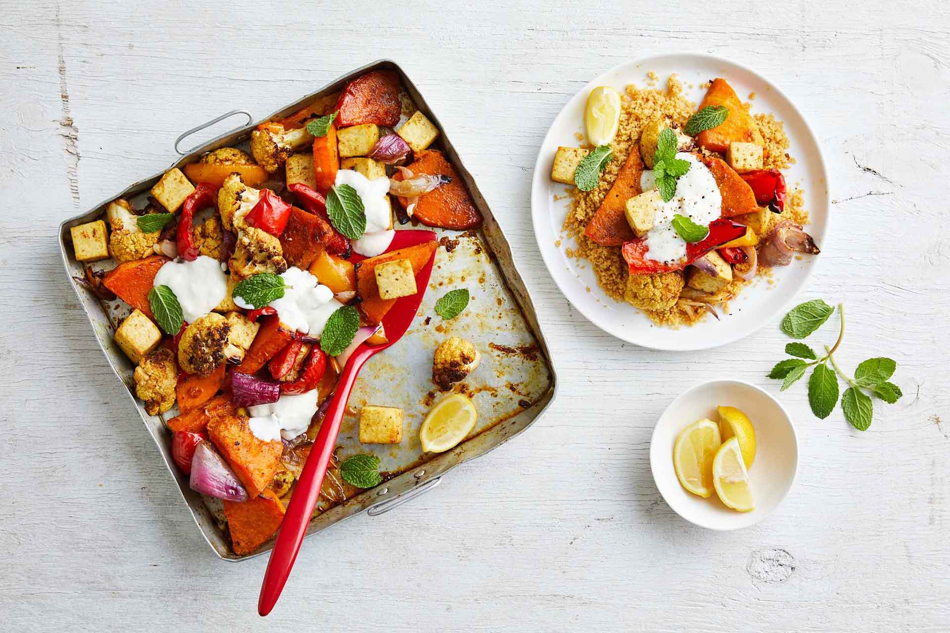 Moroccan vegetarian tray bake