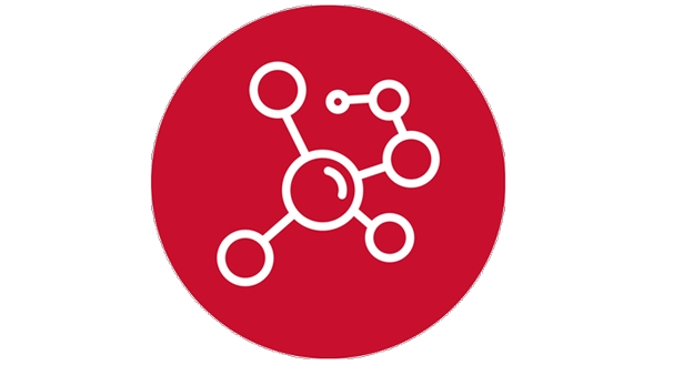 red circular icon with a white molecular structure (moving), symbolising research projects