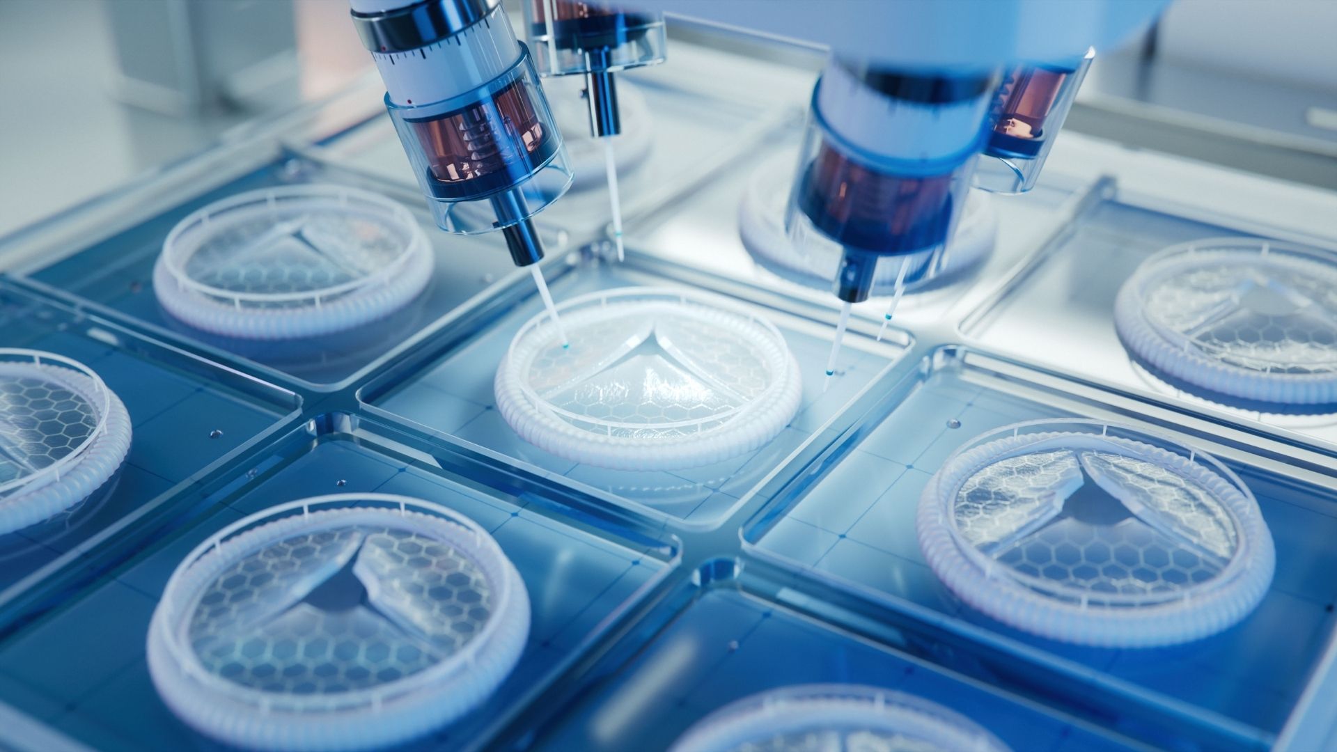 Bioprinting Technology Concept. Advanced Medical Printer Producing Artificial Heart Valves with Biopolymers. Futuristic Laboratory.