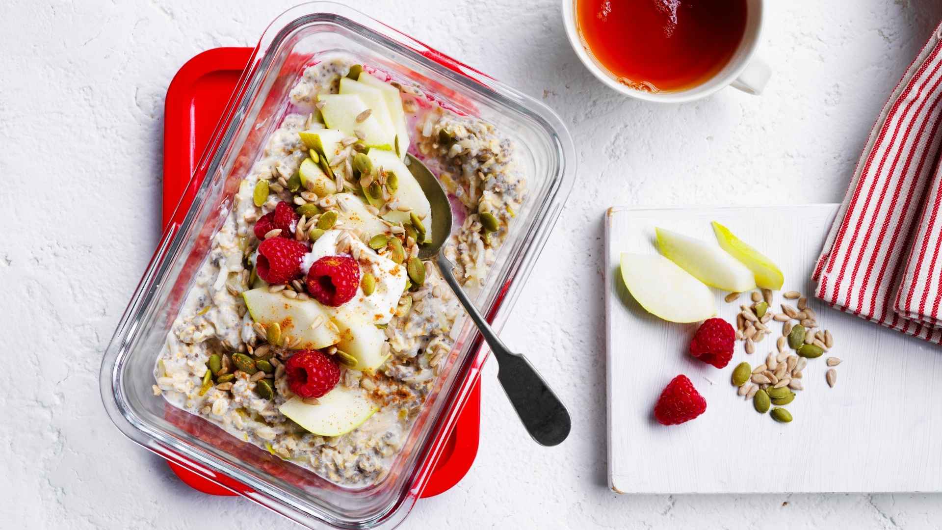 Chai overnight oats baked in glass baking dish in table setting