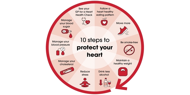 Circular graphic with 10 steps to protect your heart: 1. Eat a balanced diet. 2. Exercise regularly. 3. Manage stress. 4. Get enough sleep. 5. Avoid smoking. 6. Limit alcohol intake. 7. Control blood pressure. 8. Maintain a healthy weight. 9. Monitor cholesterol levels. 10. Stay hydrated.