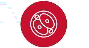 Animated icon of cells (white icon moving on red circular background)