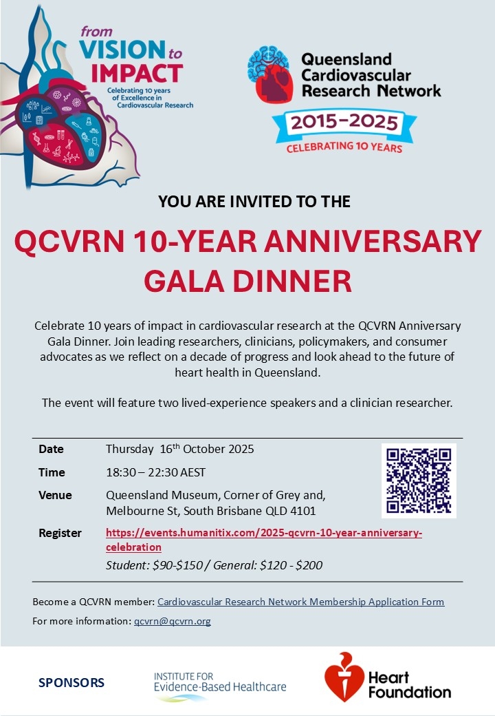 Invitation to the QCVRN 10-Year Anniversary Gala Dinner on October 16, 2025, at Queensland Museum in South Brisbane. The event celebrates a decade of cardiovascular research with speeches from lived-experience speakers and a clinician researcher. Registration details and sponsor logos included.