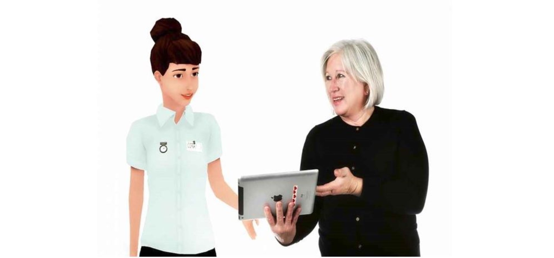 Two women discussing looking at the Ipad