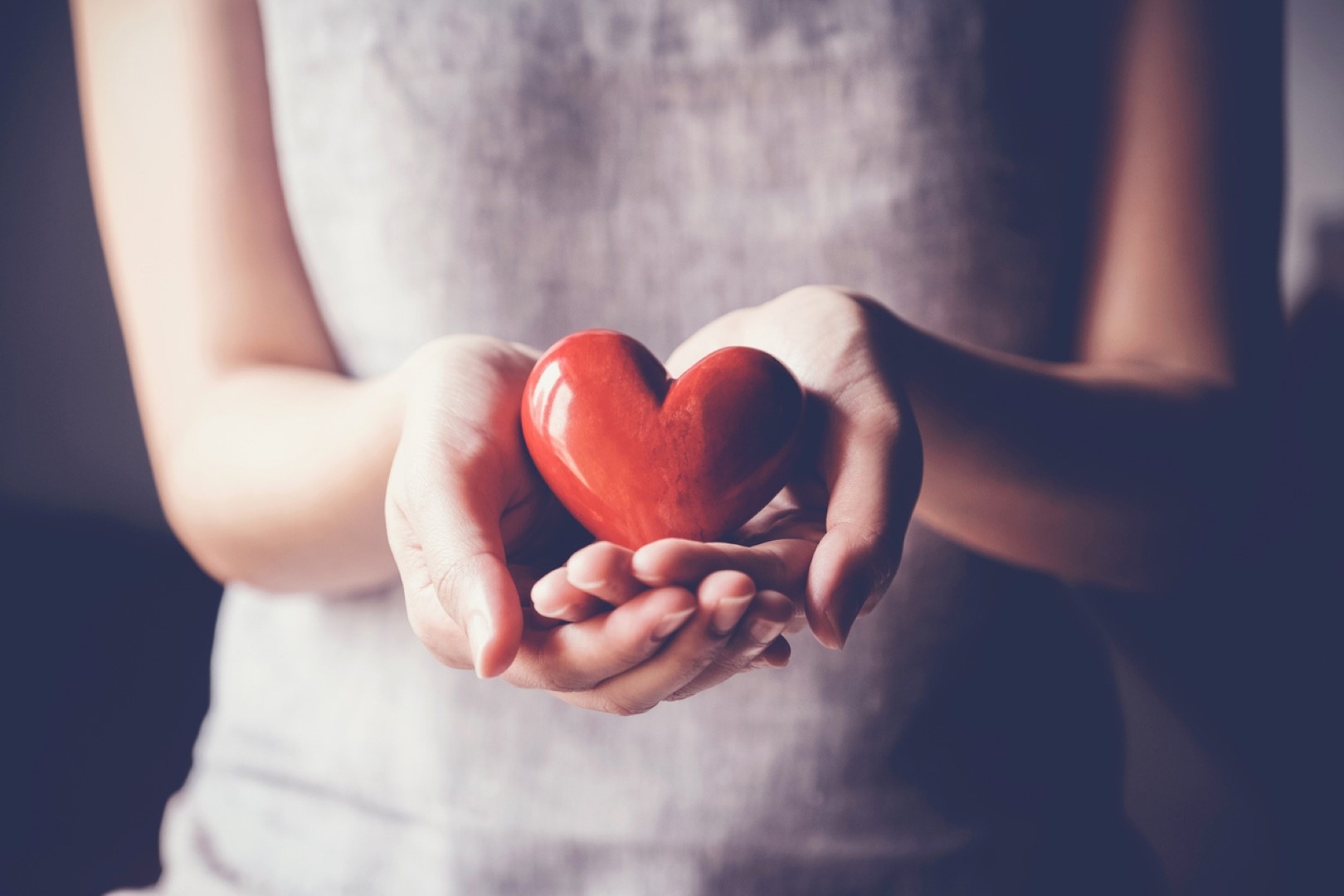A woman delicately holds a red heart in her hands, representing affection, empathy, and kindness.