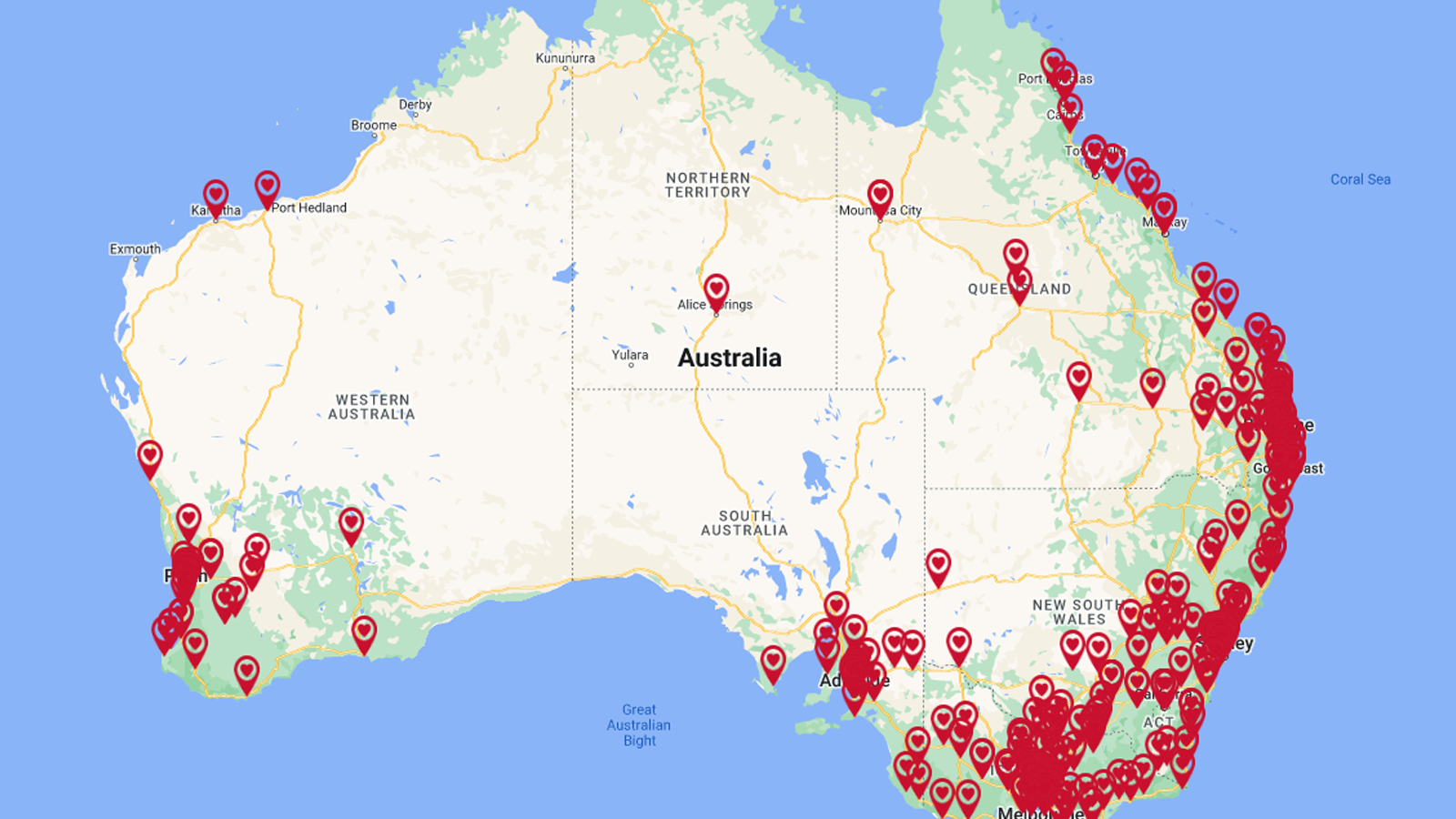 Map of Australia with cardiac rehab programs highlights by heart icon