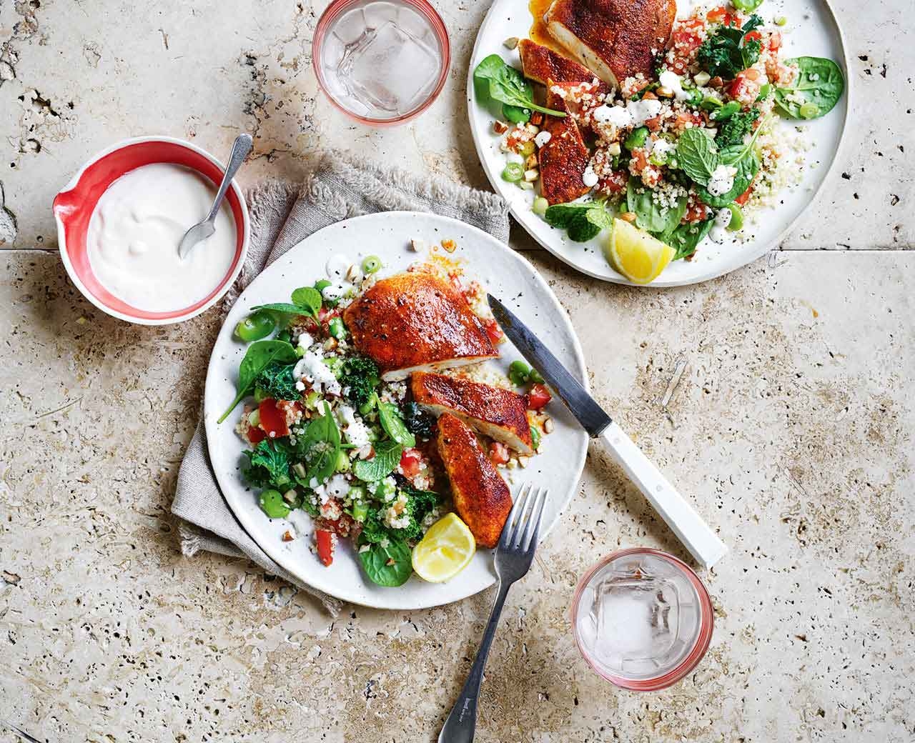 2 plates of Air fryer chicken with quinoa salad