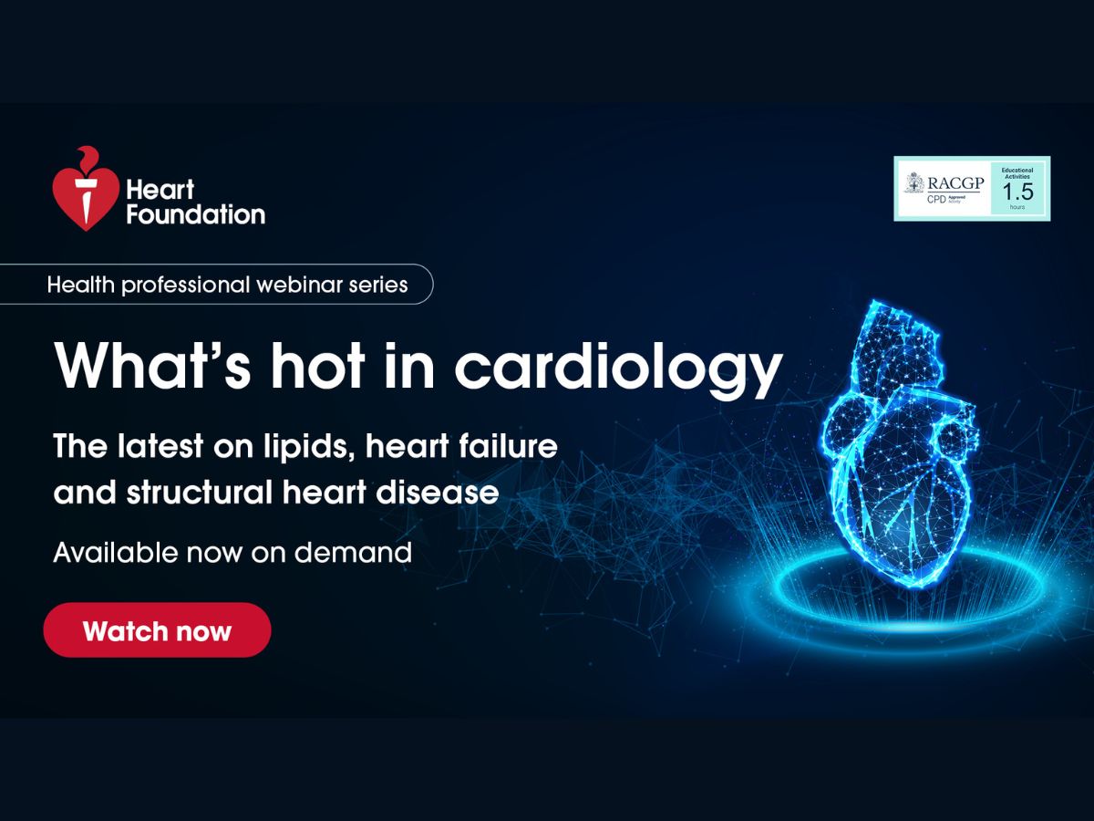 'What's hot in cardiology' covering lipids, heart failure, and structural heart disease. Features a digital heart illustration and RACGP logo with 1.5 CPD points.