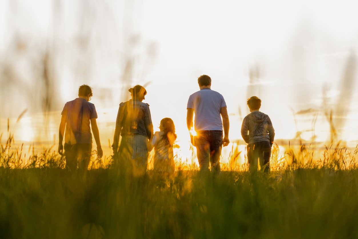 A family strolling through a field at sunset, enjoying the serene beauty of nature and the warm hues of the setting sun.