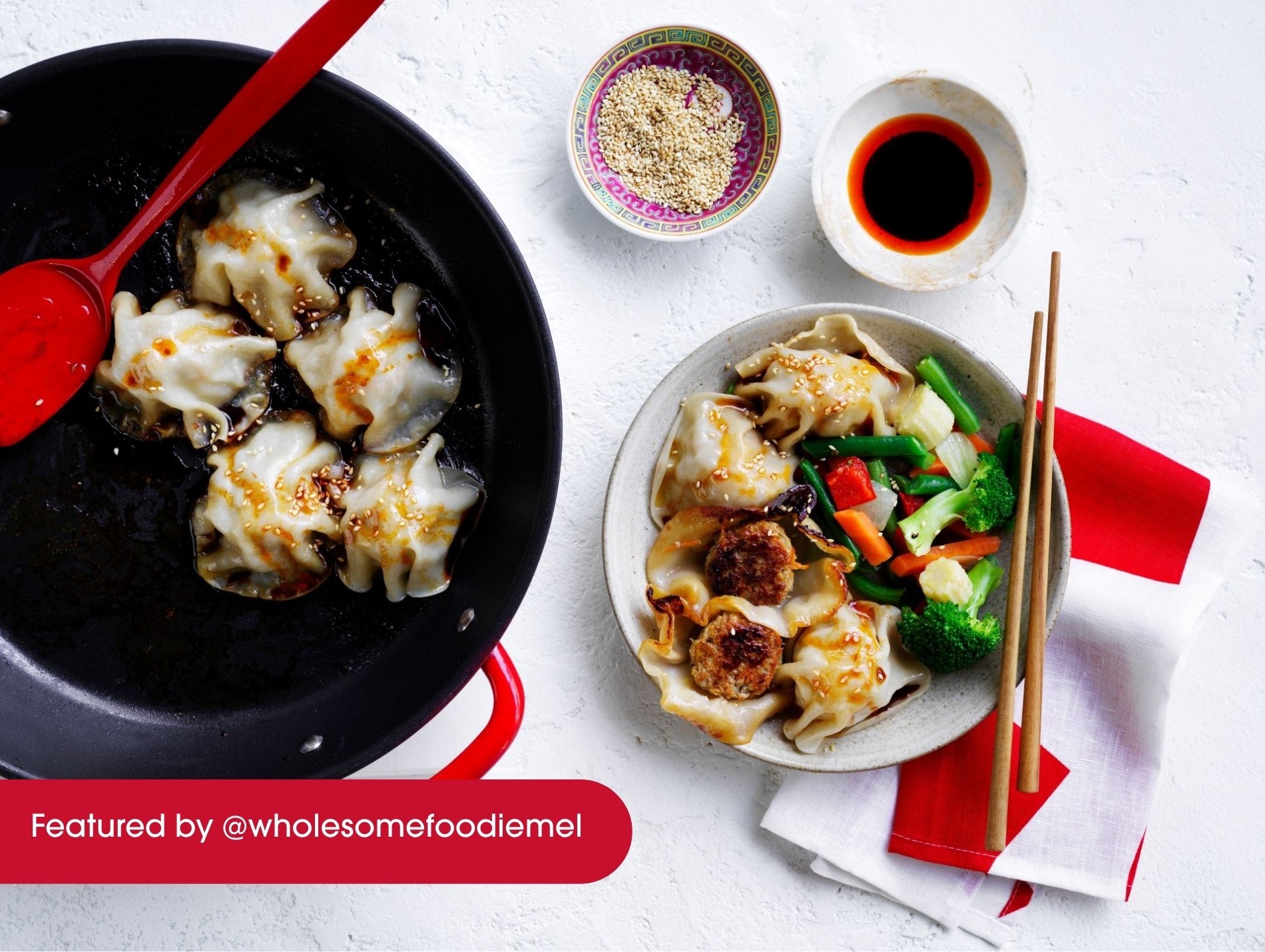 Crispy no-fold pork dumplings served with mixed vegetables and dipping sauce.