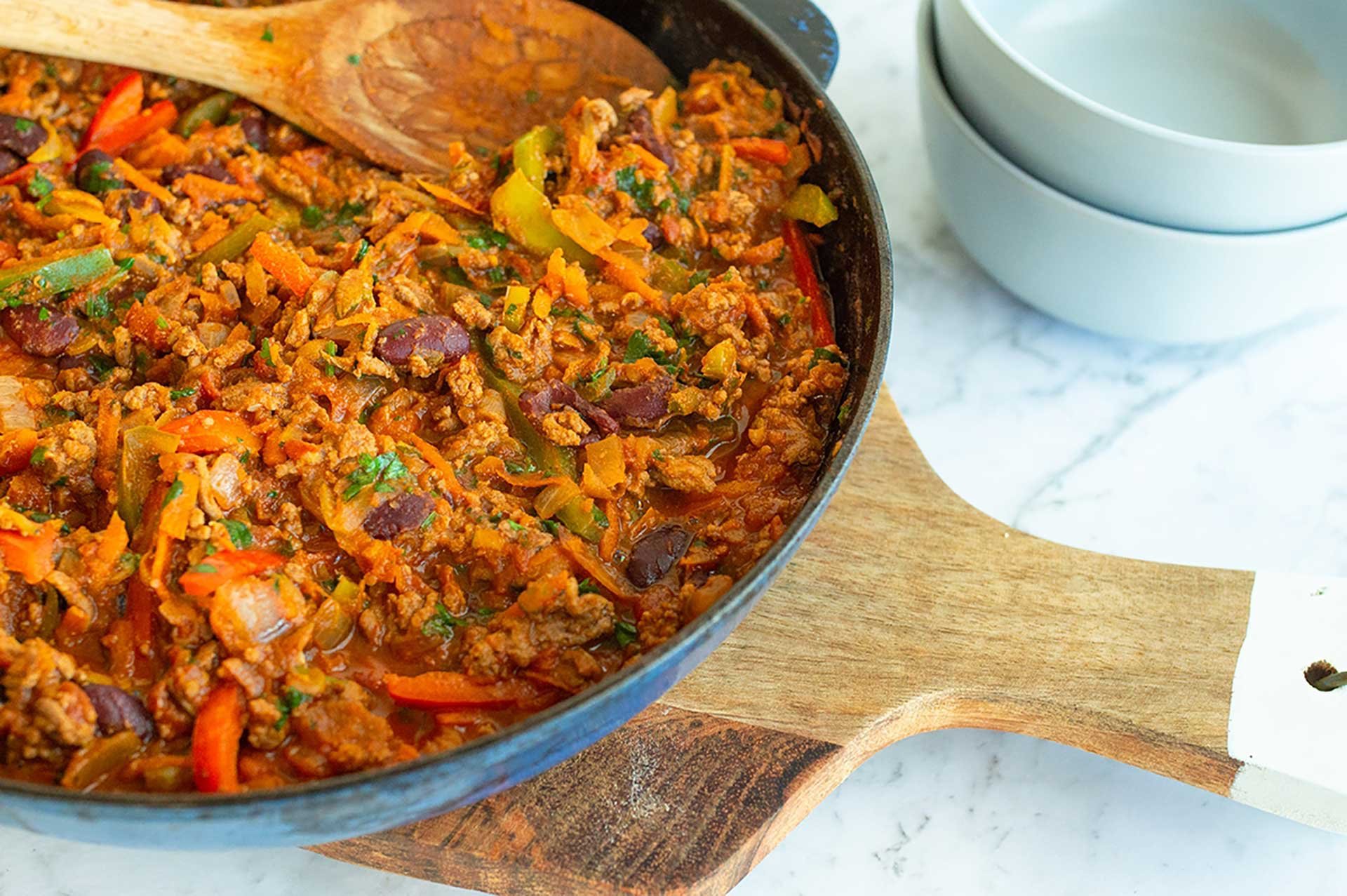 A pan filled with delicious chilli con carne 