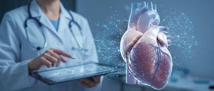 A doctor looking at a hologram of a human heart