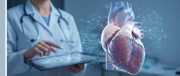 A doctor looking at a hologram of a human heart