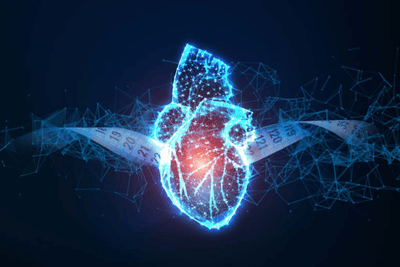 Blue digital heart with measuring tape around it.