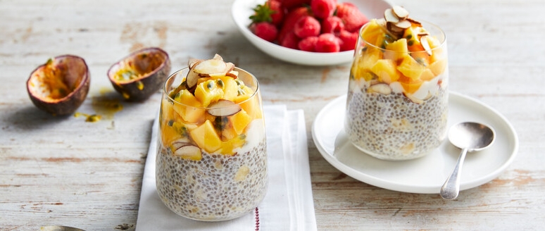 Chia pudding topped with ripe mango slices