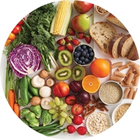 A range of fresh fruits, vegetables, breads and legumes