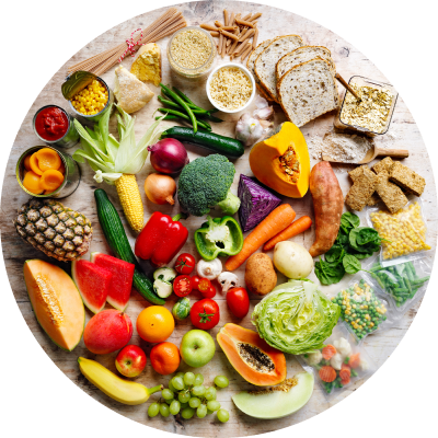 A range of fresh fruits, vegetables, breads and legumes