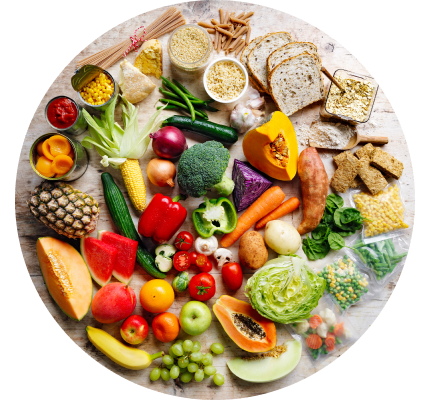 A range of fresh fruits, vegetables, breads and legumes
