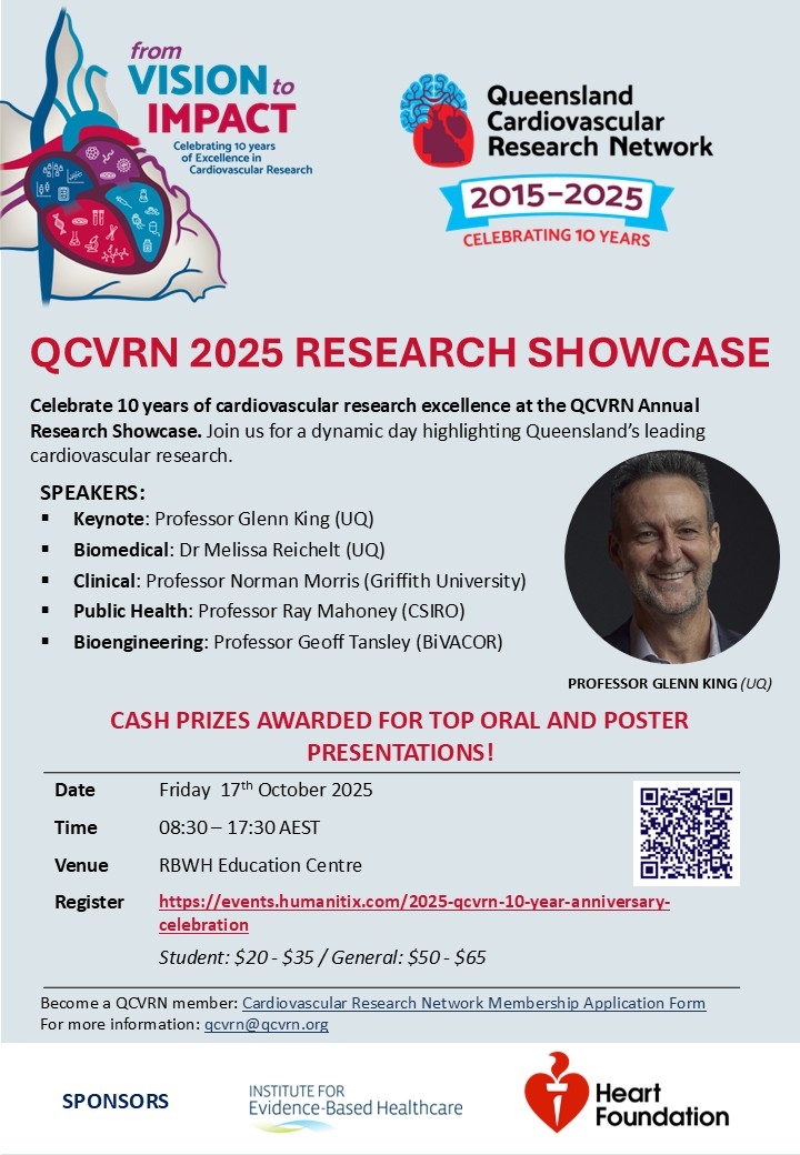 Poster for the QCVRN 2025 Research Showcase celebrating 10 years of cardiovascular research. Event details include date (October 17, 2025), time (08:30–17:30 AEST), venue (RBWH Education Centre), keynote and guest speakers, registration link, ticket pricing, and sponsor logos.