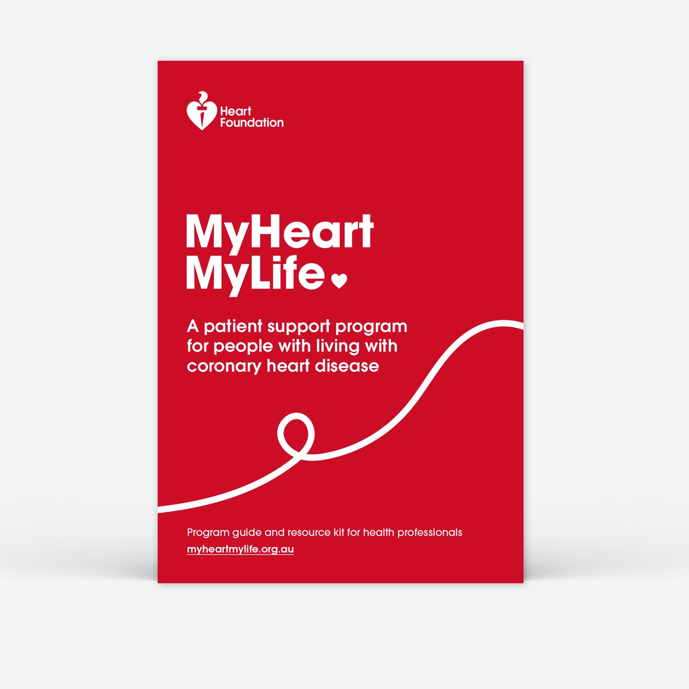 Red program guide from the Heart Foundation's 'MyHeart MyLife' patient support program. It includes white text stating 'A patient support program for people living with coronary heart disease,' a wavy white line, and additional text reading 'Program guide and resource kit for health professionals' with the website link 'myheartmylife.org.au'.