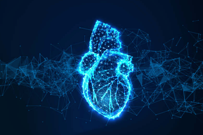 Blue digital heart with data dot background