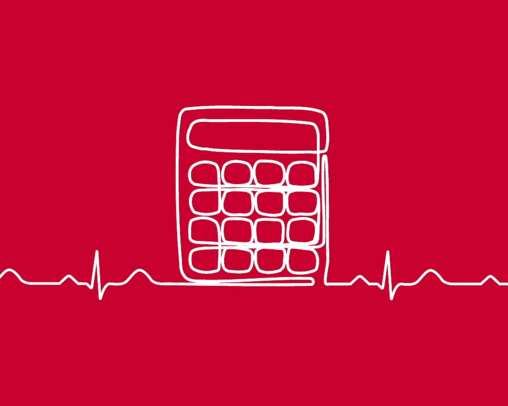 White line illustration of calculator on red background