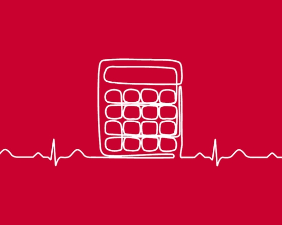 White line illustration of calculator on red background