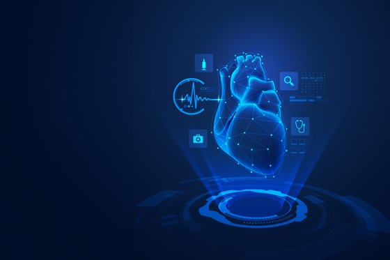 A holographic heart surrounding by symbols and icons that represent medical care