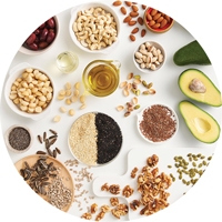 Different types of fats and oils, including nuts, oils and avocados