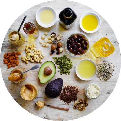 Different types of fats and oils, including nuts, oils and avocados