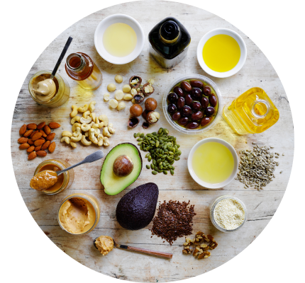 Different types of fats and oils, including nuts, oils and avocados