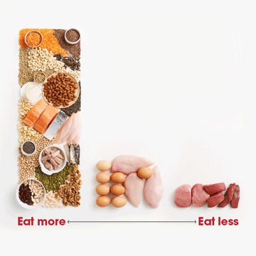 Image showing a variety of protein-rich foods. The "Eat more" side features fish, lentils, beans, and chickpeas, while the "Eat less" side shows red meat and processed meats.