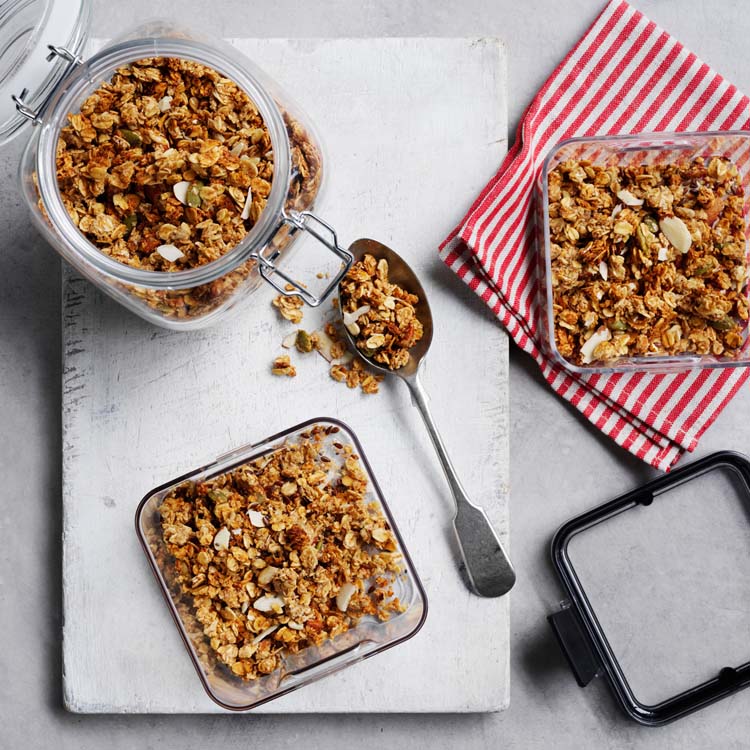 Granola divided between serving containers