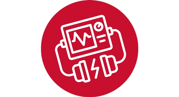 Red circular icon with a white defibrillator