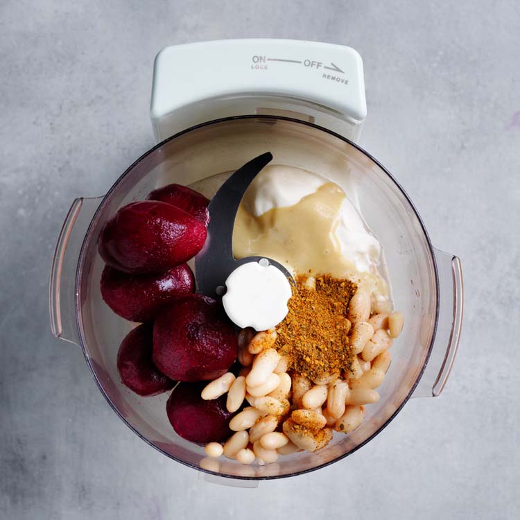 Beetroot, beans, tahini, yoghurt, harissa and lemon juice blended until smooth
