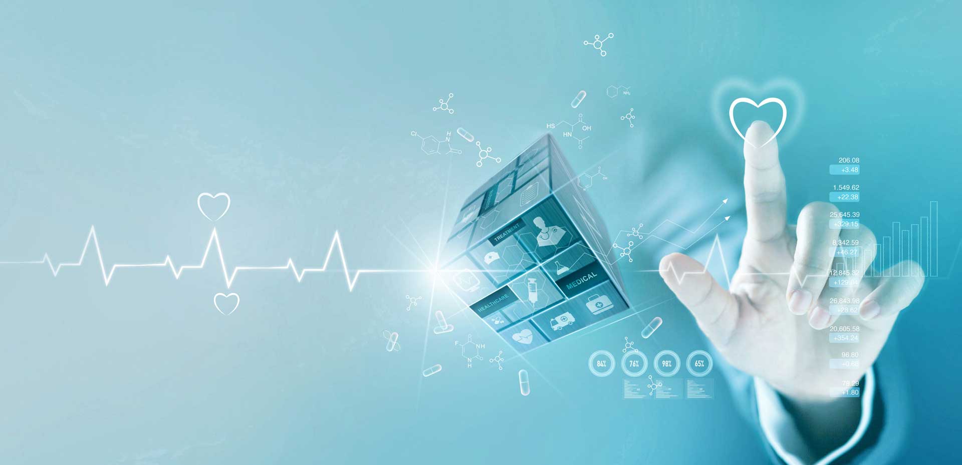 Hand touching heart shape, data analysis on network screen, medical business