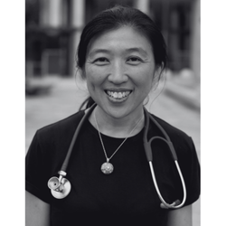 A picture of Professor Clara Chow, a woman wearing a stethoscope around her neck