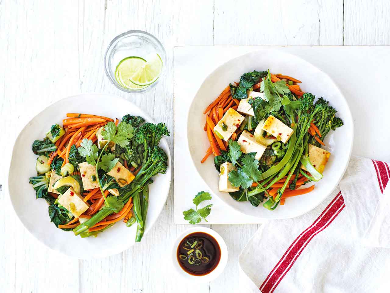 Two plates of Chilli tofu and sweet potato stir-fry